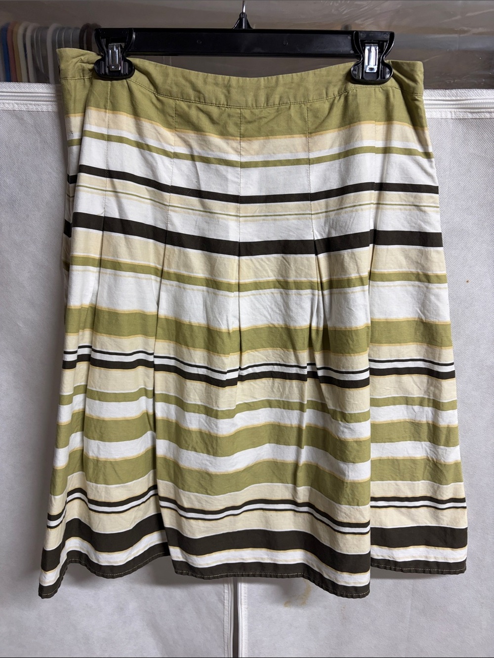 Cambridge Dry Goods Olive, White and Black Striped A-Line Skirt